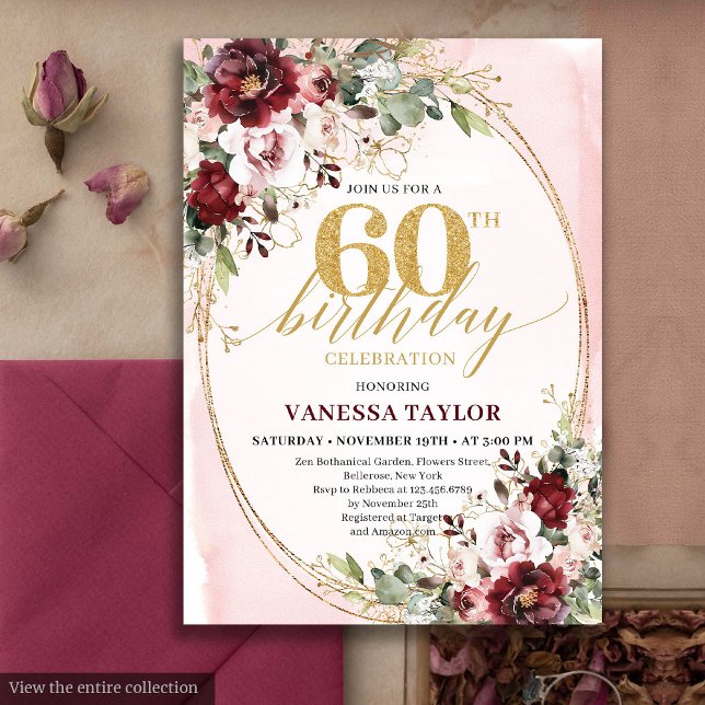 Invitation Boho Burgundy Gold Frame Floral 60th Birthday (Boho Burgundy Gold Frame Floral 60th Birthday)