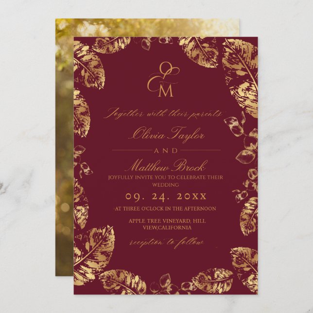 Invitation Boho Burgundy Leaf | Mariage de automne élégant (Devant / Derrière)