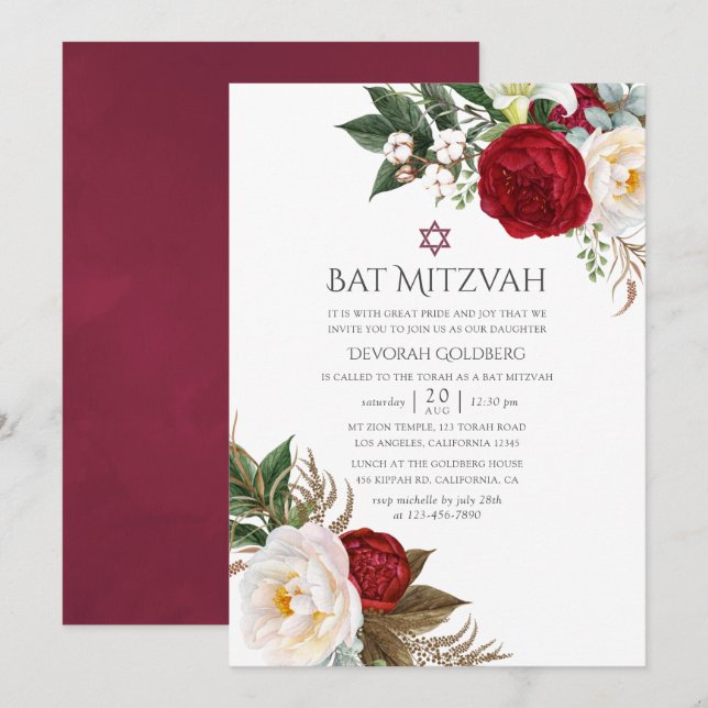 Invitation Boho Burgundy - Marsala Floral Bat mitzvah (Devant / Derrière)