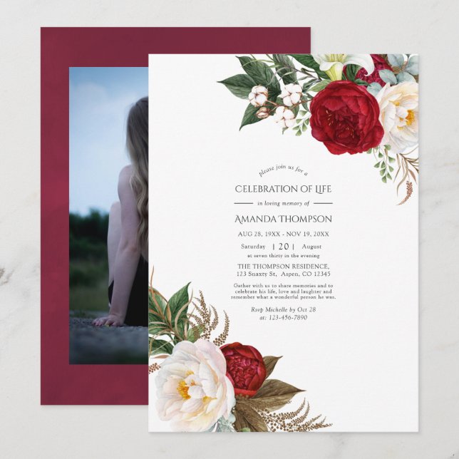 Invitation Boho Burgundy - Marsala Floral Célébration de la V (Devant / Derrière)