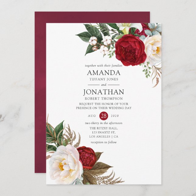 Invitation Boho Burgundy - Marsala Floral Mariage (Devant / Derrière)