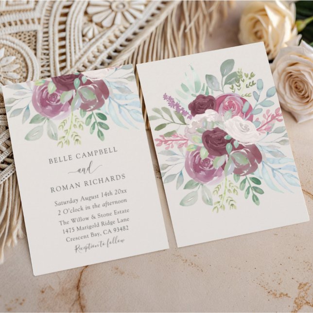 Invitation Boho Burgundy Rose Watercolor Wedding  (Créateur téléchargé)