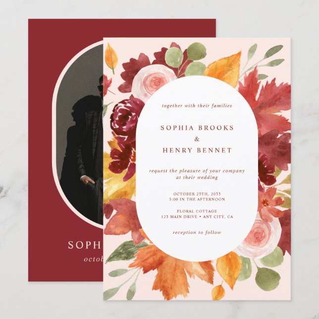 Invitation Boho Burgundy Rustic Floral Mariage photo (Devant / Derrière)