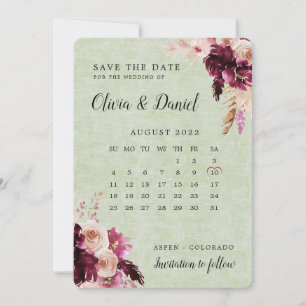 Invitation Boho Burgundy Sage Green Calendrier Enregistrer La