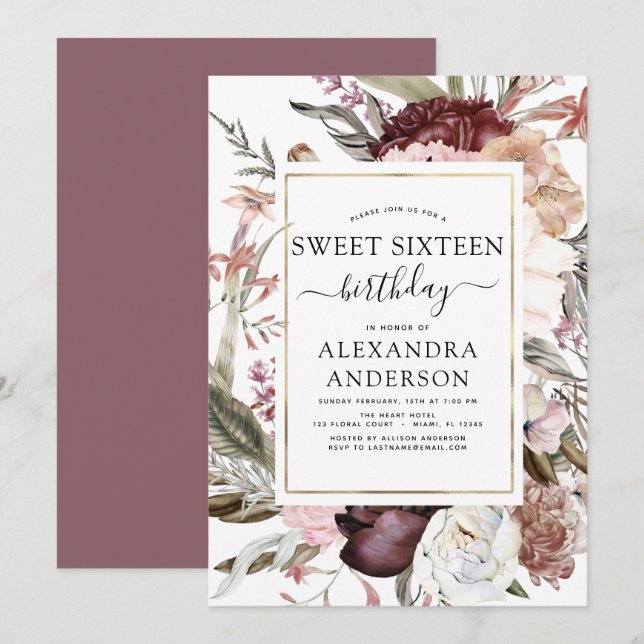 Invitation Boho Burgundy Sweet 16 Anniversaire Floral (Devant / Derrière)