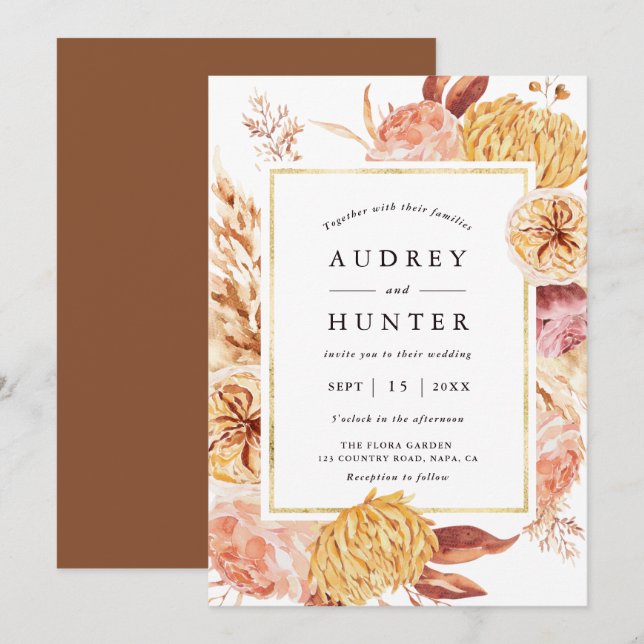 Invitation Boho Burgundy Terracotta Fleur Mariage Or Frame (Devant / Derrière)