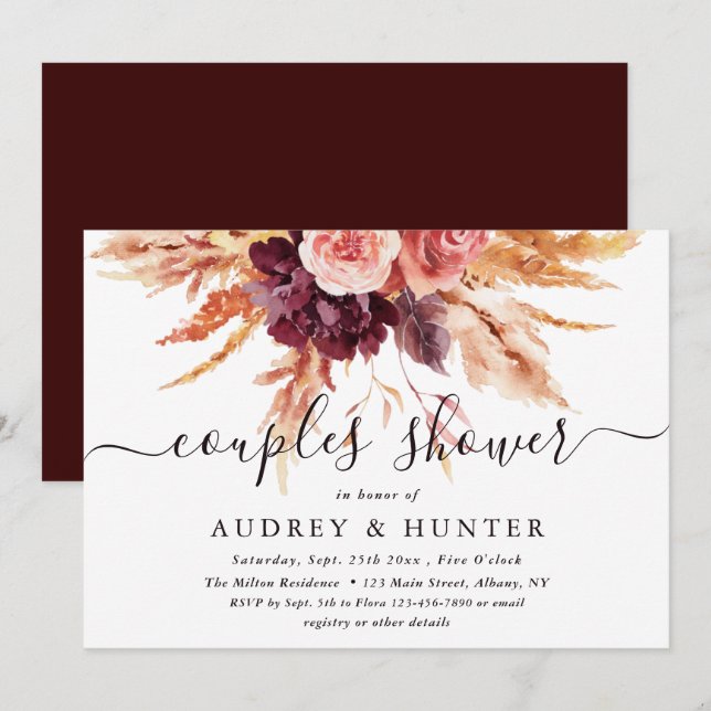 Invitation Boho Burgundy Terracotta Floral Couples Douche  (Devant / Derrière)
