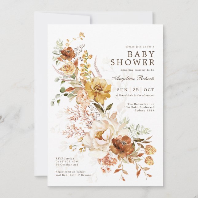 Invitation Boho Burnt Orange Butterscotch Flower Baby shower (Devant)