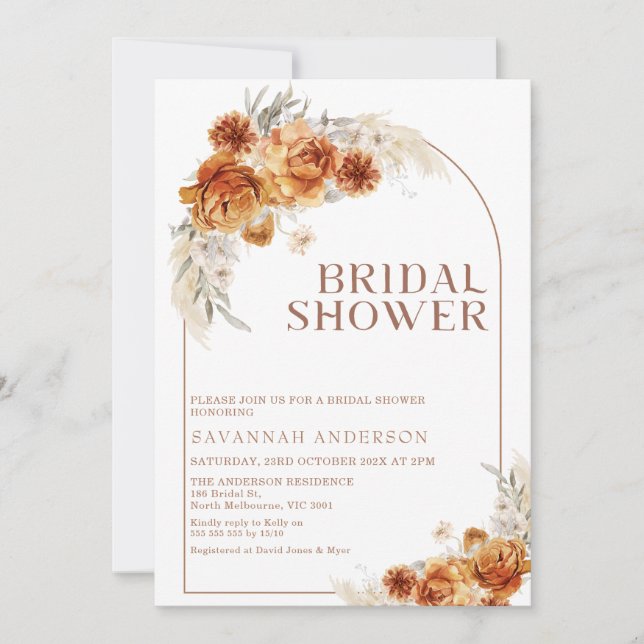 Invitation Boho Burnt Orange Floral Arch nuptiale Douche (Devant)
