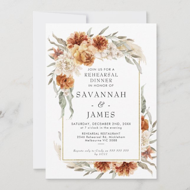 Invitation Boho Burnt Orange Floral Dîner De Répétition (Devant)