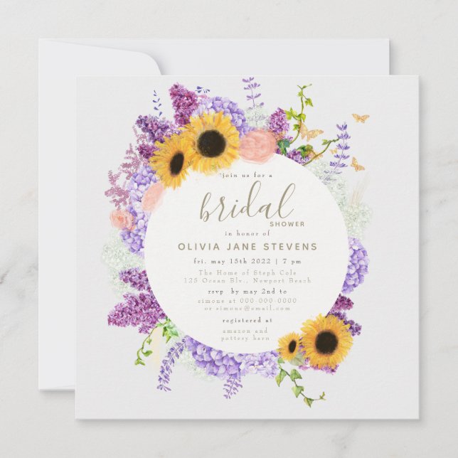 Invitation Boho Butfly Sunflower Lilac Flora Fête des mariées (Devant)