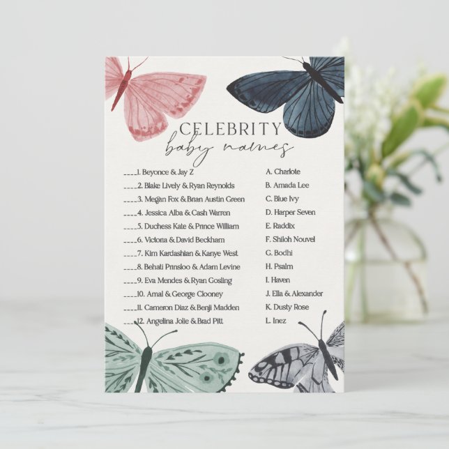 Invitation Boho Butterfly Baby shower Noms célèbres Jeu (Debout devant)