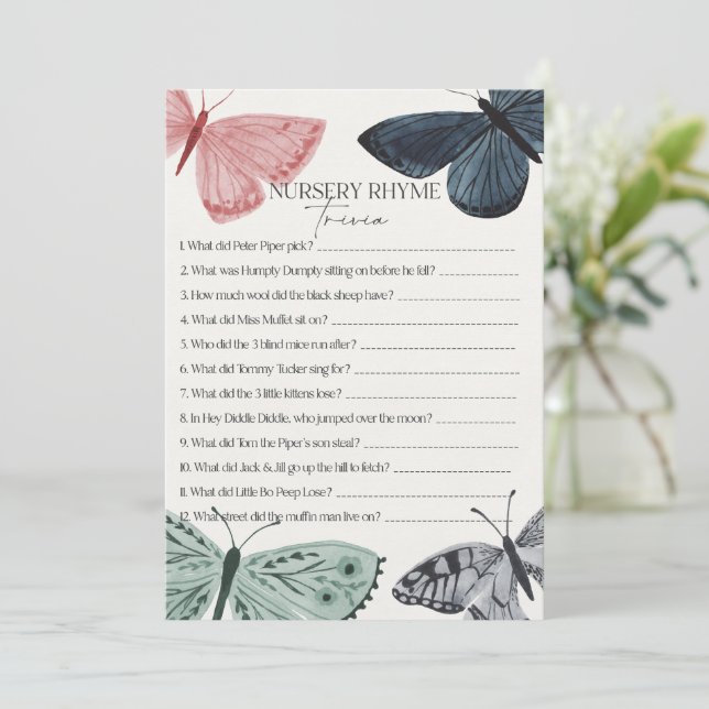 Invitation Boho Butterfly Baby shower Nursery Rhyme Trivia (Debout devant)