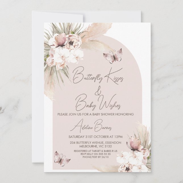 Invitation Boho Butterfly Kisses Bébé Voeux Baby shower (Devant)
