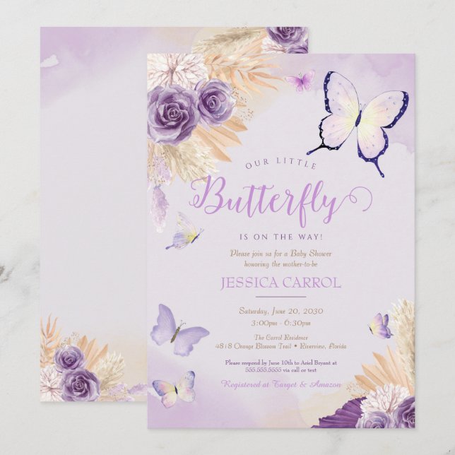 Invitation Boho Butterfly Lavender Purple Baby shower Floral (Devant / Derrière)