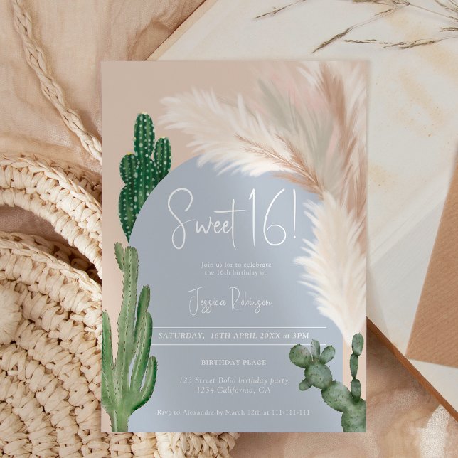 Invitation Boho cactus pampas arc bleu terre tonalité Douce 1 (Boho cactus pampas arch blue earth tone Sweet 16 Invitation)