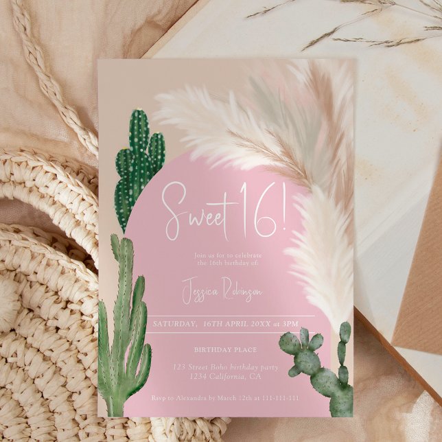 Invitation Boho cactus pampas arche ton de terre rose doux 16 (Boho cactus pampas arch pink earth tone Sweet 16 Invitation)