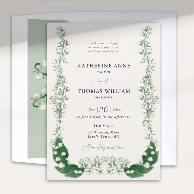 Invitation Boho cadre romantique aquarelle Lily Valley Mariag (lily valley boho romantic elegant frame wedding invitation watercolor formal modern classic)