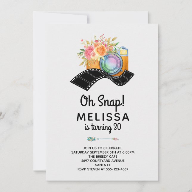 Invitation Boho Camera & Florals Aquarelle Anniversaire (Devant)
