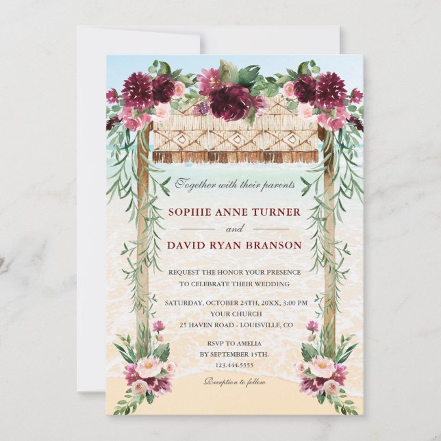 Invitation Boho Canopy Bourgogne Floral Beach Maui Mariage (Devant)