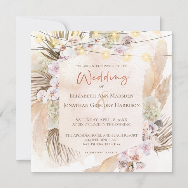 Invitation Boho Champagne Blush Terracotta Pampas Floral (Devant)