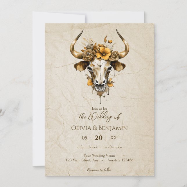 Invitation Boho Chic Aquarelle Floral Vache Mariage crâne (Devant)