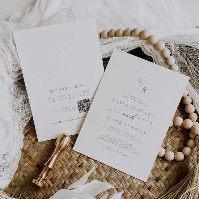 Invitation Boho Chic Ardoise Bleu Monogramme QR Code Mariage (Créateur téléchargé)