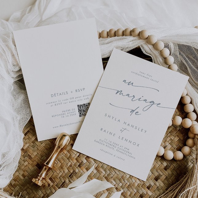Invitation Boho Chic Ardoise Bleu QR Code Mariage français (Créateur téléchargé)