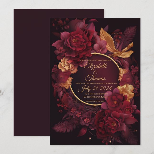 Invitation Boho chic avec thème Bourgogne et or. (Devant / Derrière)