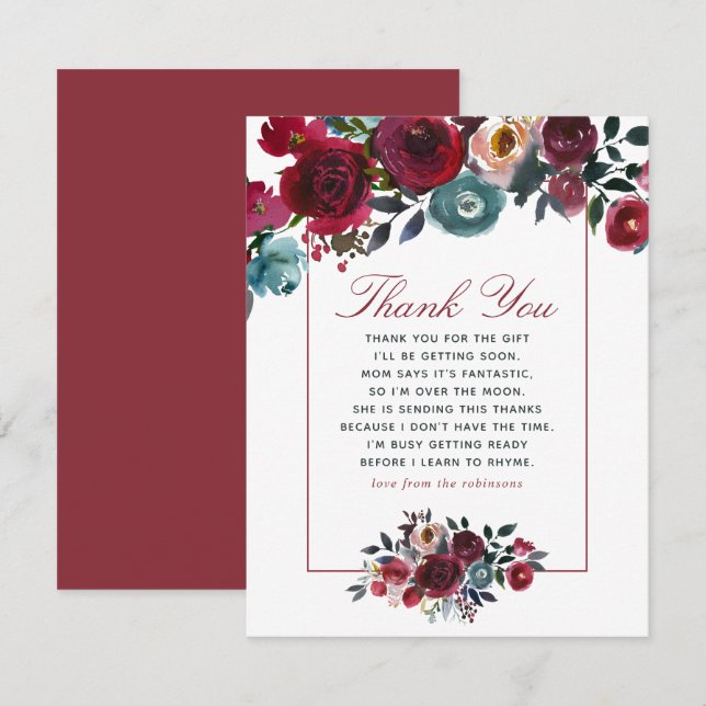 Invitation Boho chic bordeaux et Baby shower marin Merci (Devant / Derrière)