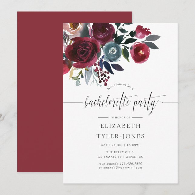Invitation Boho Chic Bourgogne et Bachelorette florale de mar (Devant / Derrière)