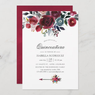 Invitation Boho Chic Bourgogne et floral de marine Quinceañer