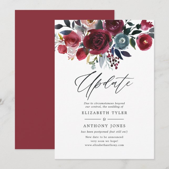 Invitation Boho Chic Bourgogne et Mariage floral de la Marine (Devant / Derrière)