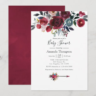 Invitation Boho Chic Bourgogne et marine Baby Shower florale