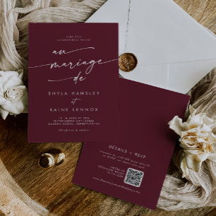 Invitation Boho Chic Bourgogne Rouge Code QR Mariage français