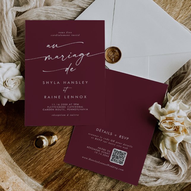 Invitation Boho Chic Bourgogne Rouge Code QR Mariage français (Boho Chic Burgundy Red QR Code French Wedding Invitation)