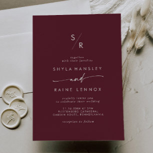 Invitation Boho Chic Bourgogne Rouge Monogramme Mariage