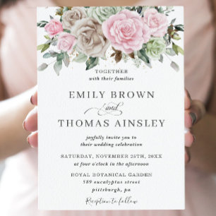 Invitation Boho Chic Brown Rose Sage Vert Floral Mariage