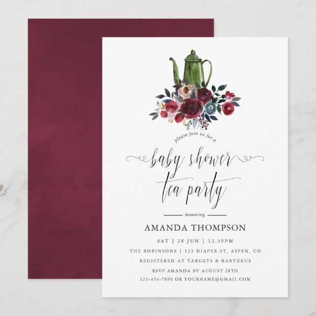 Invitation Boho Chic Burgundy et Navy Baby shower Tea Party (Devant / Derrière)