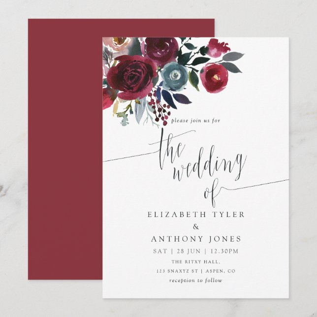 Invitation Boho Chic Burgundy et Navy mariage floral invite (Devant / Derrière)