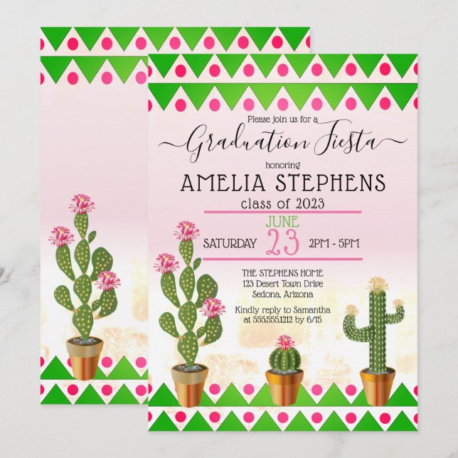 Invitation Boho Chic Cactus Fête de graduation (Devant / Derrière)
