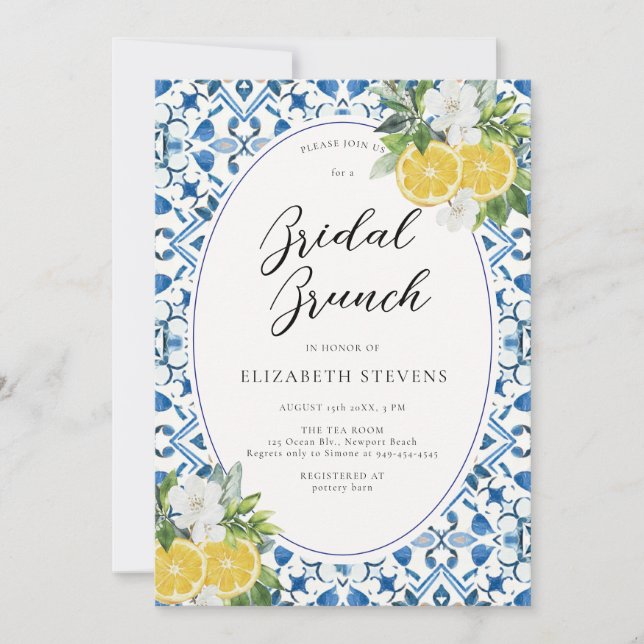 Invitation Boho Chic Citrus Italien Bleu Carrelage Fête des m (Devant)