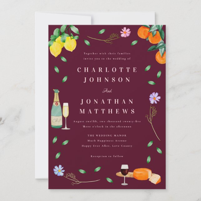 Invitation Boho Chic Citrus Rustic Burgundy Pink Wedding (Devant)