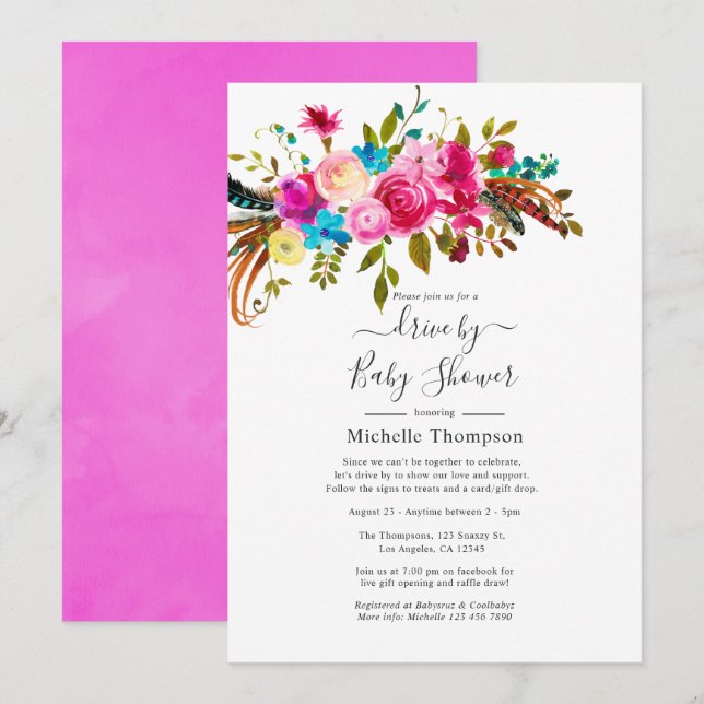 Invitation Boho Chic Drive Hot-Pink par mariage ou Baby showe (Devant / Derrière)