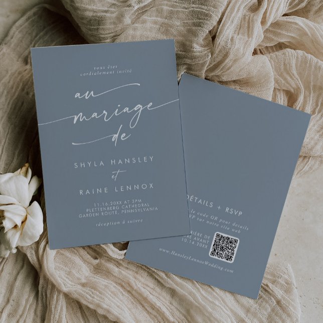 Invitation Boho Chic Dusty Blue QR Code Mariage français (Créateur téléchargé)