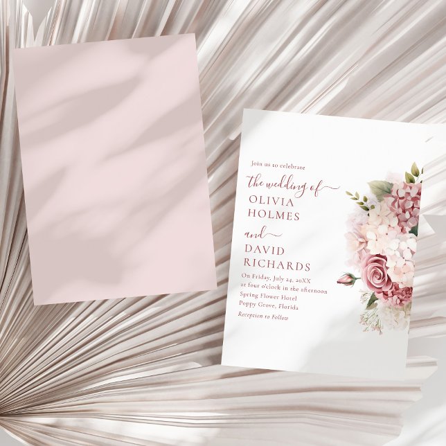 Invitation Boho Chic Dusty Rose Hydrangea Mariage (Boho Chic Dusty Rose Hydrangea Wedding Invitationon a sunny neutral dry palm leaf.)