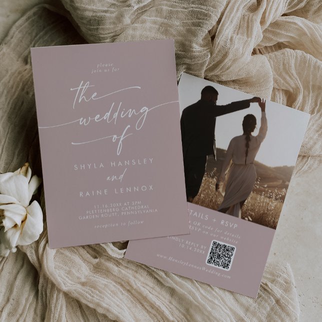 Invitation Boho Chic Dusty Rose rose Photo QR Code Mariage (Boho Chic Dusty Rose Pink Photo QR Code Wedding Invitation)