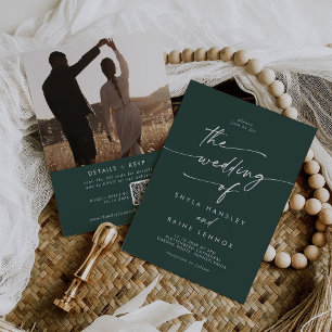 Invitation Boho Chic Emerald Green Photo QR Code Mariage
