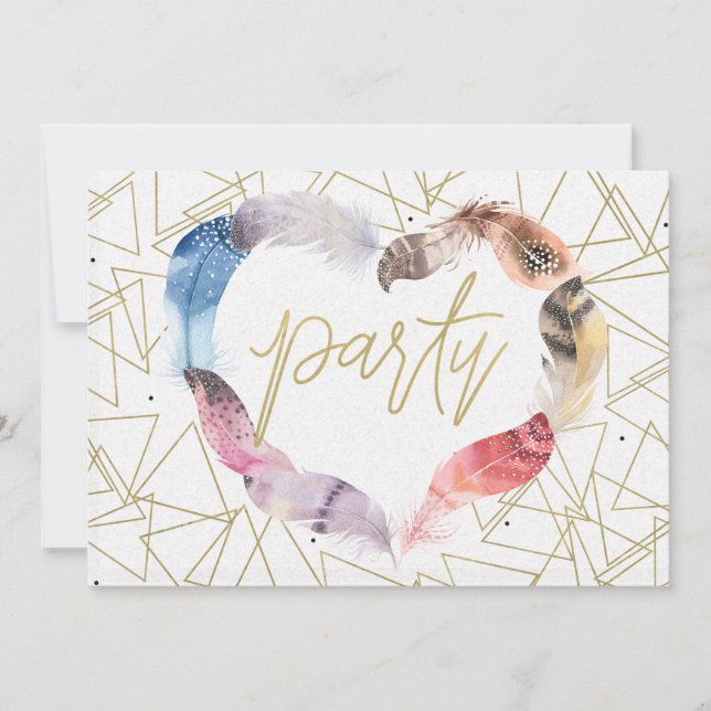 Invitation Boho Chic Feather Coeur Anniversaire Fête Invitati (Devant)