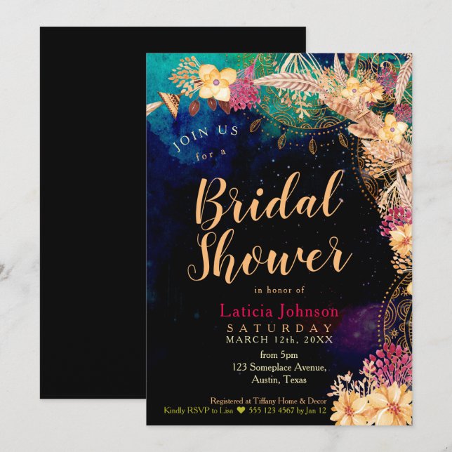 Invitation Boho Chic Fête des mariées Bohème Floral & Plumes (Devant / Derrière)